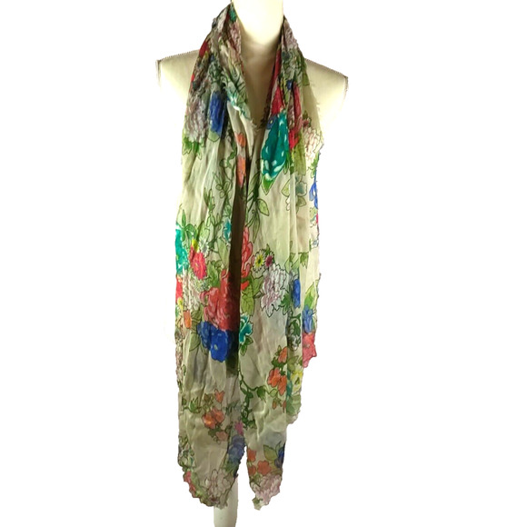 Scarf Women's Rectangle 72" X 23 Flowers Red Cream blue Green - Picture 3 of 6